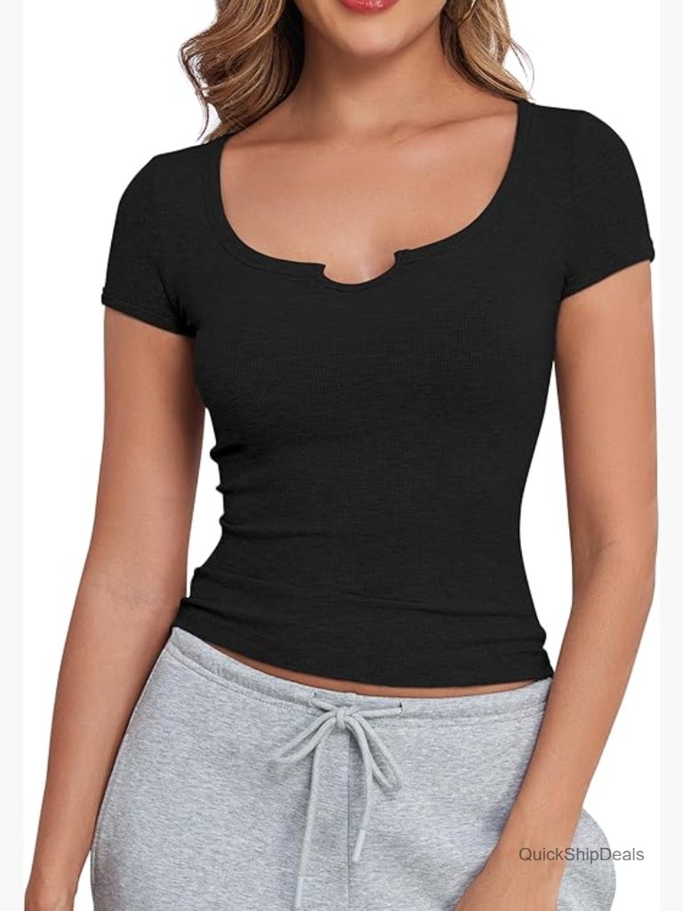 Ribbed Knit Crop Top With V Notch Scoop Neck, Form Fitting